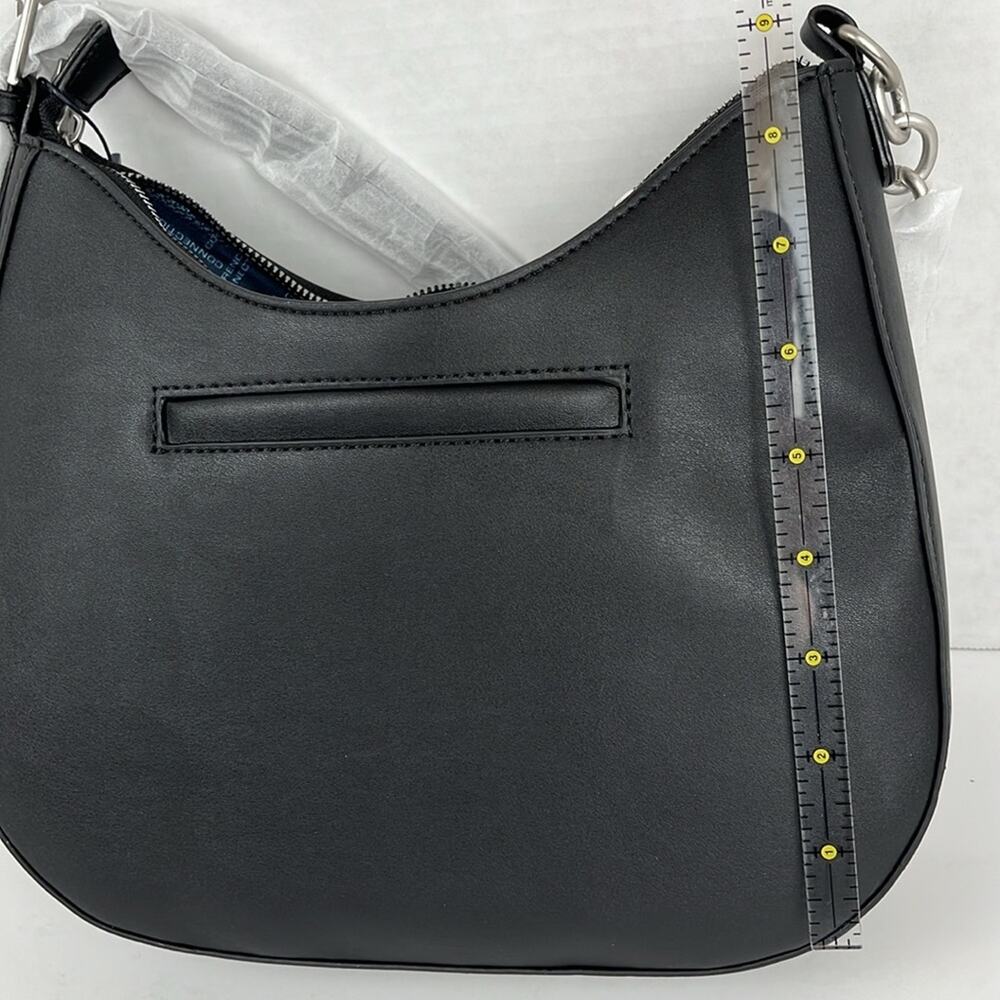 French Connection Elena Moon Shape Shoulder Bag Black Studs Silvertone Zip Close - Picture 10 of 11